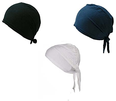 New Pack of 3 Tie Back Assorted Colour Under Hijab Tube Bonnet Cap Head Cover (Black-Navy-White)