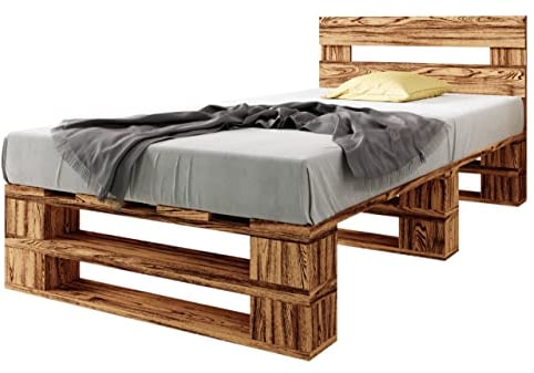 sunnypillow Palettenbett M2 aus Holz 90 x 200 cm mit Kopfteil und Lattenrost Stabiles Holzbett Seniorenbett Kinderbett erhöhtes Einzelbett Bettgestell Futonbett Komforthöhe Geflammt