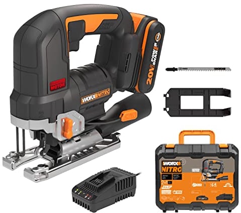 WORX Scie Sauteuse sans Fil 20V WX542, Course de 29mm, Jusqu'à 120mm, Moteur Brushless, Multimatériaux, Vitesse Variable, Système pendulaire, Avec 1 Batterie 2,5Ah et Chargeur