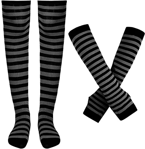 Blulu Arm Warmers Leg Warmers for Women Striped Thigh High Socks Fingerless Gloves Striped Stockings(Gray and Black)