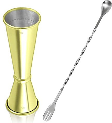 Jigger Cocktail 30 ml/60 ml Misurino per Cocktail Doppio Barman Graduato Professionale Japanese Style 304 Acciaio Inossidabile con Cucchiaio Miscelatore,Glod