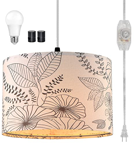 CINSARY Plug in Pendant Light, Hanging Light with Plug in Cord with Dimmable Switch, Hanging Lamp with 15 ft Clear Cord, Pendant Light Fixture for Bedroom Kitchen Island (Bulb Included)