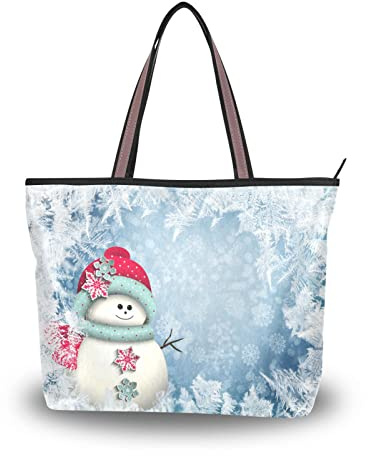 Damen-Handtaschen, Weihnachtsmotiv, blaue Schneeflocken, Schneemann, Tragetasche mit Reißverschluss, Damen-Umhängetasche, mehrfarbig, Large