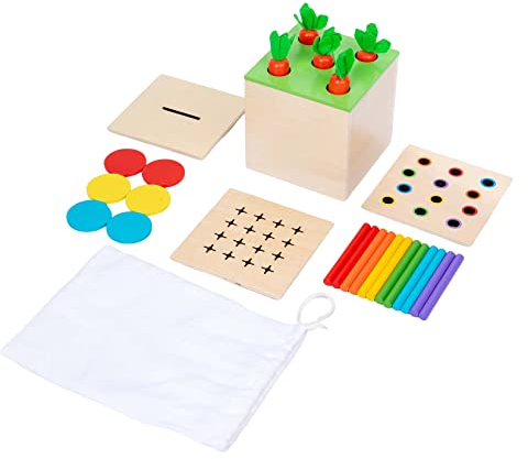 4 in 1 Montessori Play Kit Box - Wattestäbchen Board Fine Motor Skills Game, Coin Box, Carrot Harvest Game, Matchstick Color Drop Game - Montessori Spielzeug für Babys 6-12 Monate, 1 Jahr, 2 Jahre