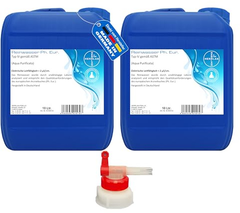 HERRLAN® Eau distillée – 2 x 10 litres AQUA PURIFICATA avec 1 x AGH Ph. Eur. Eau de laboratoire de qualité pharmaceutique – Fabriqué en Allemagne