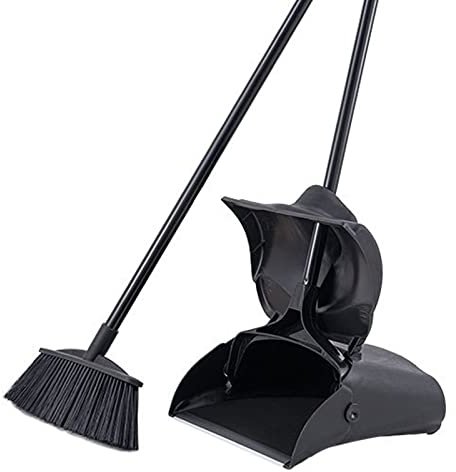 SEFAX Broom and Dustpan Set with Lid, Stand Up Broom and Dustpan, Outdoor Or Indoor Dust Pan with Long Handle for Office Home Kitchen Lobby Floor Use (Color : Black)