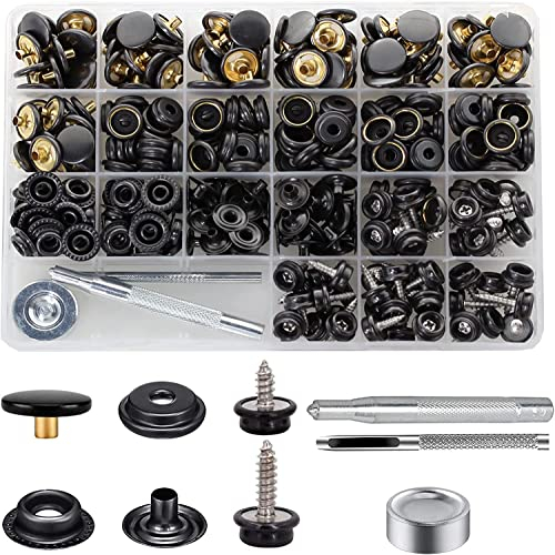 BetterJonny Segeltuch-Druckknopf-Set, Edelstahl-Schrauben, Druckknöpfe, Marinequalität, Segeltuch, Polster, Boot, Druckknopf-Kappe mit 3 Einstellwerkzeugen, Leder, Schwarz