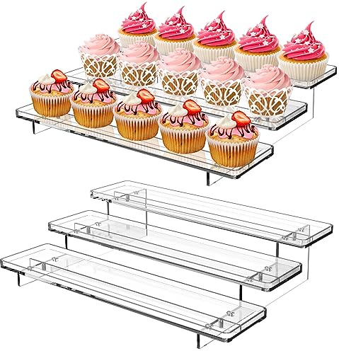 Giyiprpi 2 Pack 3-stufige Acrylständer für Displays, 12 Inch Clear Display Stand Risers Regal für Cupcakes Parfums Figurines, Tisch-Cupcake-Ständer zum Dekorieren und Organisieren (11,8 x 9,4 x 3)