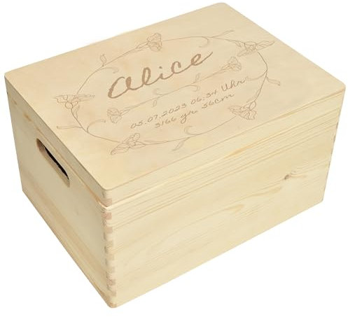 CHICCIE Erinnerungsbox personalisiert für Baby & Kind mit Gravur Blumenkranz - Geburt Holzkiste für schöne Erinnerungen - Holz-Box Erinnerungskiste 40x30x23cm