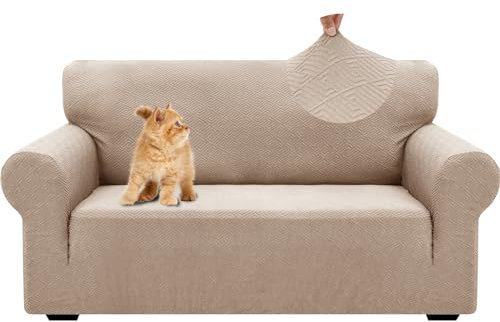 YSTELLAA Stretch Sofa Überzug 2 Sitzer, Sofaschoner rutschfest Mit Armlehne, Dicke Sofabezug Für Hunde Katzen Und Haustiere, Universal Jacquard Sofabezug, Waschbare Sofa Cover, Khaki