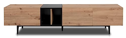 KHG Lowboard mit 5 Fächern & 3 Klapptüren modern, TV-Bank aus Holzwerkstoff Holzoptik lackiert, Gestell & Akzente in schwarz - 195 x 48 x 47 cm (B/H/T)