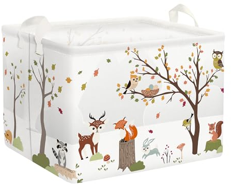 Clastyle White Jungle Animals Boys Girls Toy Box for Kids Room Deer Fox Rabbit Tree Clothes Books Baby Storage Basket, 36L