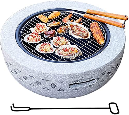 Feuerstelle, verbesserte große 3-in-1-Feuerstelle mit Grillregal, Feuerschale aus Stahl mit Rand aus MgO-Kunststein mit Schürhaken, Grill, Netzdeckel, Rost