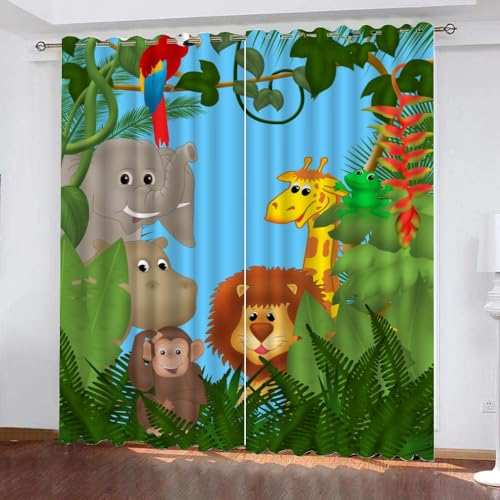 GIOVIA 3D Zoo Vorhang Abdunkelnde Tropisch Dschungel Polyester Vorhänge mit ösen 2er Set Gardinen Blickdicht Verdunkelungs Geräuschreduzierung für Schlafzimmer Wohnzimmer B 220 X H 215 cm