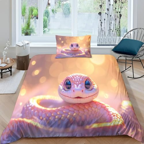 QINGTIANFC Rosa Schlange 3D Gedruckter Bettwäschegarnitur Mädchen Junge Kinder Bettbezug Set Niedliche Schlange Bettwäsche Und Kissenbezüge Weich Microfaser Reissverschluss 2 Teilig Single(135x200cm)