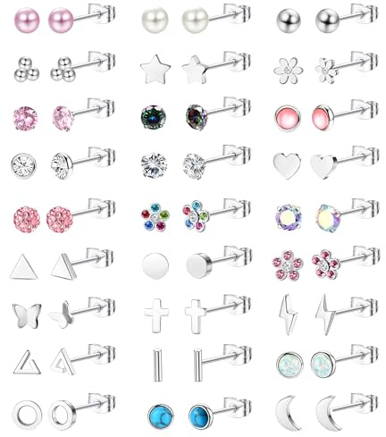 JeweBella 27 Paar Ohrringe Silber für Damen Mädchen Medizinische Ohrstecker Kinder Hypoallergene Blume Schmetterling Perlen Herz Zirkonia Ohrringe Set Ohrringe Chirurgenstahl Kinder Ohrringe Mädchen