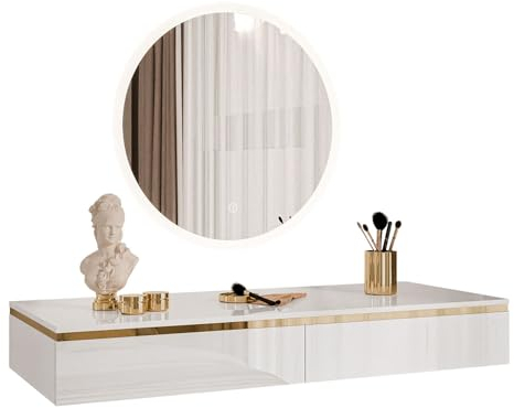 lukmebel - Schminktisch mit Spiegel - Schminkspiegel mit Beleuchtung und Schubladen - Konsolentisch Schmal Hängend - Make Up Tisch Frisiertisch Kosmetiktisch Glanz Weiß Gold - Aurora Elite