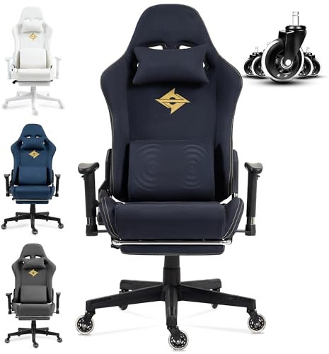Dowinx Gaming Stuhl, Bürostuhl mit Seidig Glatte Große Räder, Massage Gaming Chair mit Luxuriöser Wildleder-Stoff, 90-165°, Schreibtischstuhl, 150 KG, Blau-Schwarz