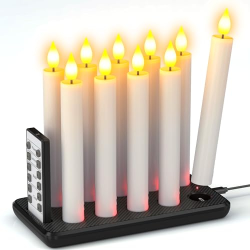 SoulBay LED Candles Rechargeable, 10pcs 17cm Long Electric Flameless Flickering Battery Tapered Candlesticks with Remote Timer Charging Station for Dinner Home Room Halloween Christmas Decorations