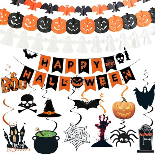 Ligtmor Halloween Deko Set - Happy Halloween Dekoration Girlande, Kürbisse und Spinnen Wimpelgirlande, Grusel Girlande, Gruselige Innendekorationen