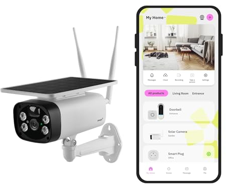 OMAJIN by Netatmo, Telecamera Wi-Fi Esterno Senza Fili a Batteria, con Pannello Solare, visione notturna HD, sirena da 105 dB, rilevamento persone/movimenti/suoni, 2 Vie Audio, IP55, WIFI 2.4, OSC-01
