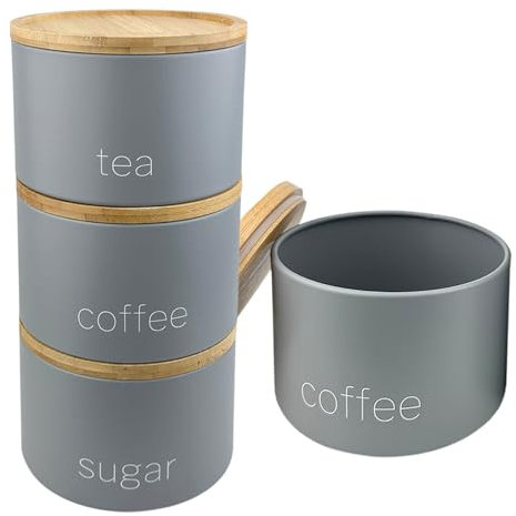 Set of 3 Stackable Tea Coffee Sugar Canister Airtight Food Storage Containers Sugar Jars Tin (Grey)