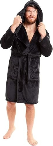 BLOOM BLENDS Mens Hooded Robe Super Soft Flannel Fleece Bathrobe Cozy Plush Dressing Gown Warm Apparel Luxury Lounge Wear for Men Bath Robes (UK, Alpha, One Size, Regular, Regular, M, Black)