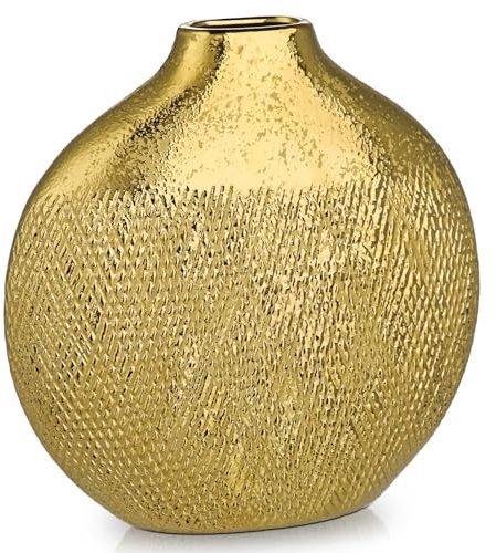 Oairse Gold Ceramic Vase with Narrow Opening, 24 cm Flat Round Textured Decorative Vase, Modern Metallic Vases for Pampas Grass, Dried Flowers, Living Room or Shelf Décor