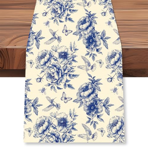 WADORN Blauer Tischläufer Mit Blumenmuster Kolibri, 183cm Lang Tischläufer Mit Blumen Und Vögeln Chinoiserie Frühling Sommer Saisonal Waschbar Dekoration Für Küche Und Esstisch Für Zuhause Party Dekor