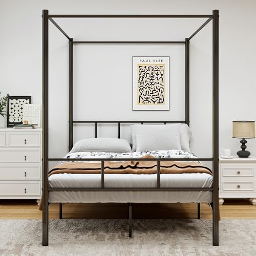 ARFARLY King Size Bed Frame Canopy Bed Frame with 4 Poster,Black | 4 Poster Bed Frame,Metal Bed Frame with Headboard and Footboard, Steel Slat Support, No Box Spring Needed, Easy Assembly