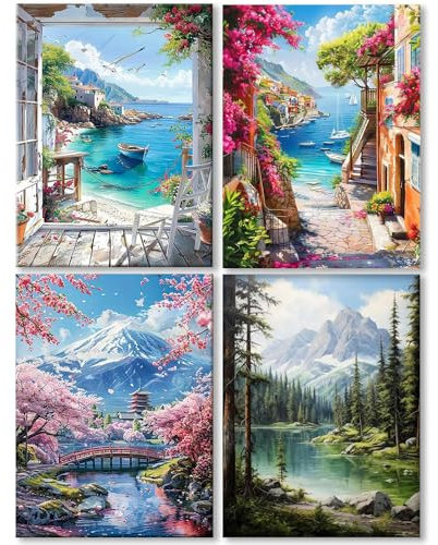 WEMEON 4 Pièces Peinture Numero Adulte - DIY Paysage Peinture par Numero Adultes, Inclure Acrylique et pinceau, Loisirs Activités D'art Artisanales Kit Paint by Numbers.(30x40cm sans Cadre)
