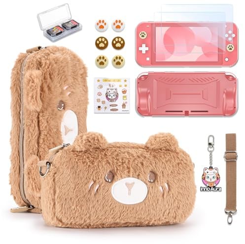 innoAura Switch Lite Case, 14-in-1-Zubehörpaket mit niedlicher Tragetasche, Displayschutzfolie, Spielhülle und Daumenkappen (Brauner Bär)