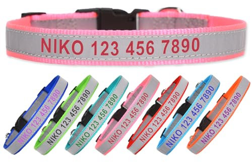 Reflective Personalized Dog Collar, Adjustable Nylon 5 Sizes XS Small Medium Large XL Buckle Collars,Custom Embroidered Pet Name and Phone Number,Pink
