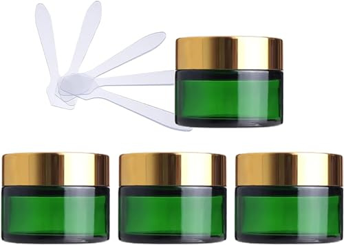 travel bottles for toiletries， 4 Pack 50ml Green Glass Cosmetic Jars, Empty Face Cream Storage Containers Pots with Gold Lid & Inner Liners + 4X Spatula.