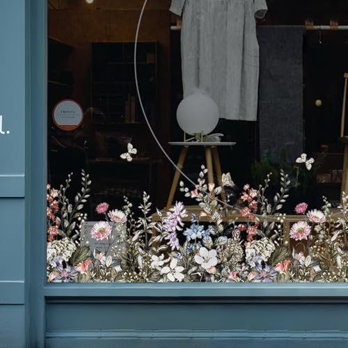 Flortlias Fensterfolie mit Blumenmuster, Motiv: tropische Frühlingsfenster, durchsichtig, statisch haftend, entfernbar, dekorative Aufkleber für Badezimmer, Glasschiebetür-Dekoration, Wildblumenwiese