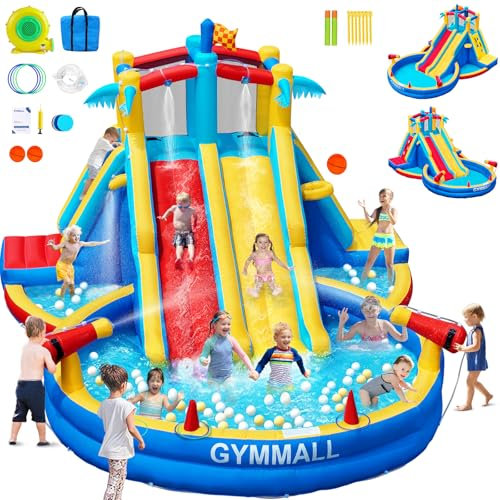 GYMMALL Inflatable Water Slide Bounce House with 550 W Blower, Blow up 8-in-1 Waterslide Park Bouncy Castle for Kids Outdoor and Indoor, Bouncer House with Large Pool, Double Slides and Climbing Walls