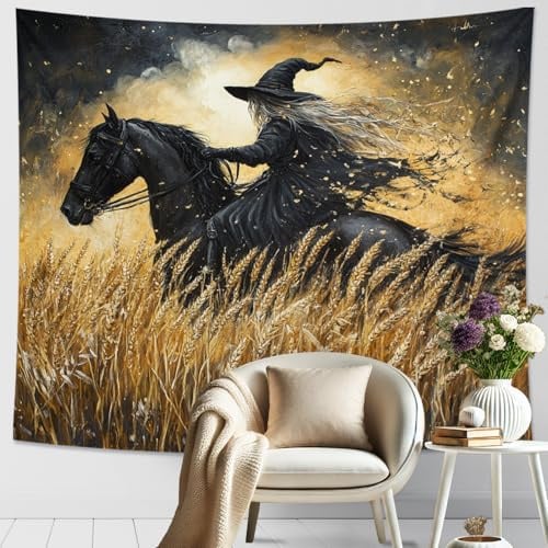 Wandteppich Hexe auf schwarzem Pferd, goldfarben und schwarz, Herbst-Wandbehang, bezaubernde Raumdekoration für Herbst, Wohnzimmer, Schlafzimmer und Wohnheim, 203 x 152 cm