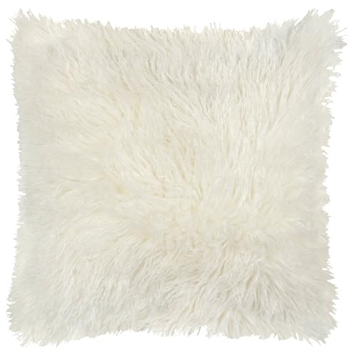 furn. Rowan Polyester Filled Cushion – Soft Faux Fur Mongolian Style Decorative Cushion with Velvet Reverse (Ecru - 50x50cm)