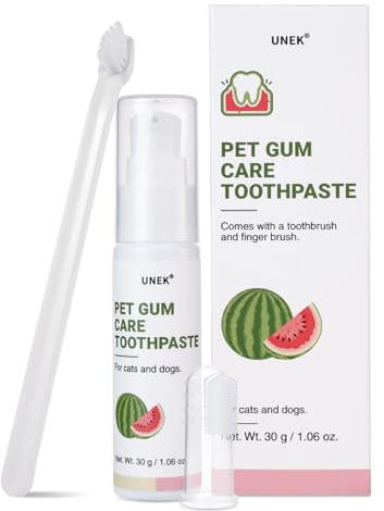 UNEK Enzymatische Zahnpasta für Hunde & Katzen – Wassermelone Geschmack – Zahnfleischpflege mit Probiotika & Aloe Vera – Gegen Mundgeruch & Plaque – Inkl. 2 Zahnbürsten & Dosierpumpe, 30g