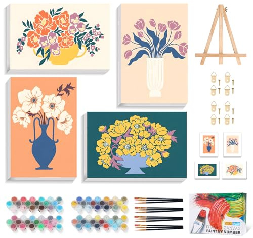 4 Pack Paint by Numbers for Adults with Frame, Flowers, 8x12 Inch | Floral Vase DIY Painting Kits with Wooden Easel, Framed Canvas Art Set for Beginners, Relaxing Home Decor Craft Gift