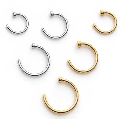 Icyowls 6 PCS Faux piercing nez anneau septum, anneaux en titane 20G en C 6/8/10 mm, fins hypoallergéniques pour nez, lèvre, cartilage, hélix, pour hommes et femmes