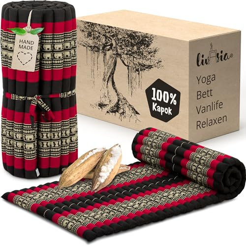 livasia Rollmatte Rollmatratze M schmal Einzelbett - 200x75x4,5cm - Gästebett Gästematratze 1 Person mit Muster, Reisebett Kofferraum Outdoor, Thaimatte Kapok Garten handgefertigt (Schwarz/Elefanten)