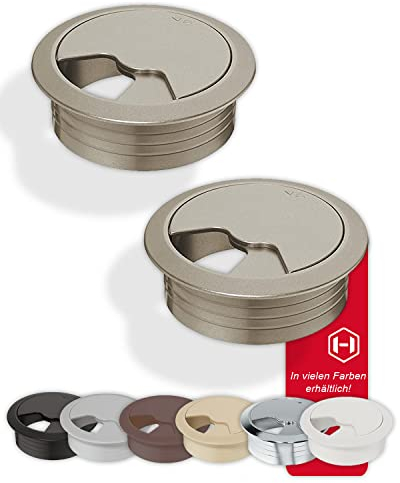 Gedotec Kabeldurchführung Schreibtisch aus stabilem ABS Kunststoff | 2 Stück runde Kabeldurchlässe 80mm | Entry | Kabeldose Edelstahl Optik | Kabelführung zum Eindrücken | kabelkanal Schreibtisch