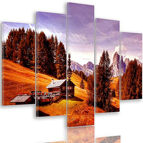 Feeby Bilder Berge 150x100 cm - Leinwandbild 5 Teilig XXL Kunstdruck Hütte Bäume rot