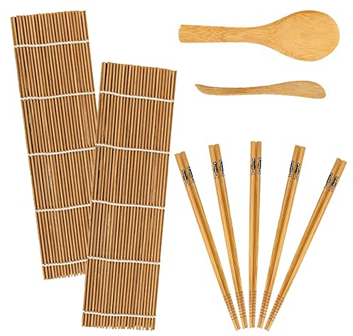 Kit de Fabrication de Sushis 9 Pièces en Bambou pour Débutants - 2 Tapis à Rouler, 5 Paires de Baguettes, 1 Pagaie et 1 Spatule à Riz