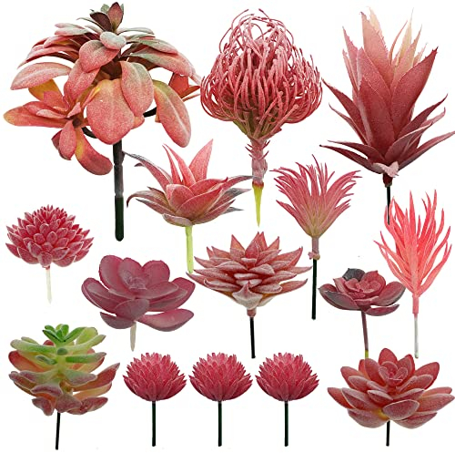 Cayway 15 Stück Künstliche Sukkulenten Rot Unfotted Faux Blume Sukkulenten Sukkulenten Künstlich Gemischt für Zuhause Indoor Fairy Garden Dekorationen