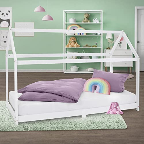 ML-Design Kinderbett 90 x 200 cm mit Dach und Lattenrost, Weiß, Hausbett für Mädchen und Jungen, Kinderhaus aus massivem Kiefernholz, Bodenbett Jugendbett, Kinder Bett, Bettenhaus Spielbett Holzbett