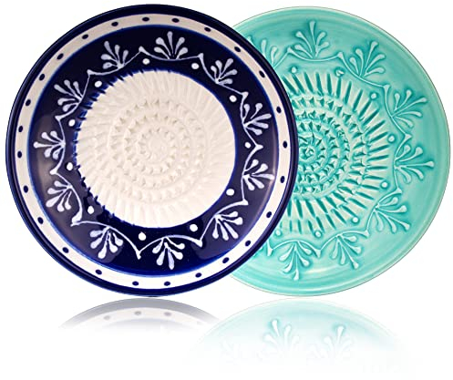 GLORIFY HOME Reibe Teller Keramikreibe Doppelpack Tibi für Knoblauch Ingwer Apfel Parmesan Schokolade Rohkost und mehr, mit Reibeteller in 2 Designs