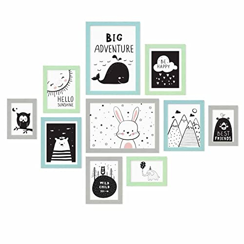 PHOTOLINI Bilderrahmen-Set Kinderzimmer 10x15 bis 21x30 cm Grün Blau Grau, 10er Set Wechselrahmen farbig, Holz, Acrylglas, Made in Germany, zum Aufhängen, mit Zubehör - für bunte Kinderbilder