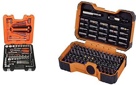 Bahco S138 Socket & Mechanical Set, Metric/AF 1/4, 3/8, 1/2 Drive, 138 Pieces & BH59/S100BC 100 Pcs Bit Set for Slotted, Phillips, Pozidriv, Hexagon, Robertson nd Coloured TORX,TORX Tamper